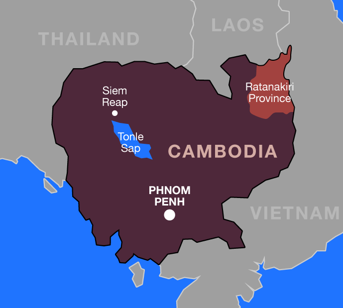 Cambodia map showing the location of Ratanakiri Province in the northeast