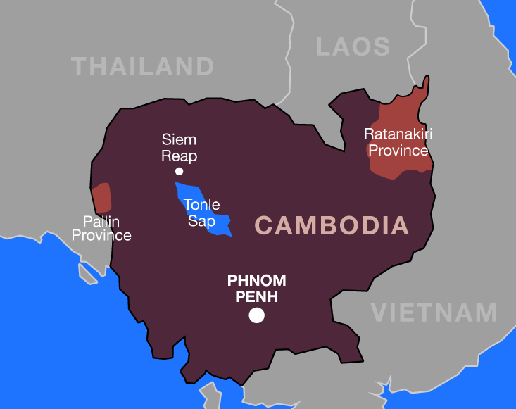 The red areas show the blue zircon-rich provinces of Pailin (to the west) and Ratanakiri (northeast).